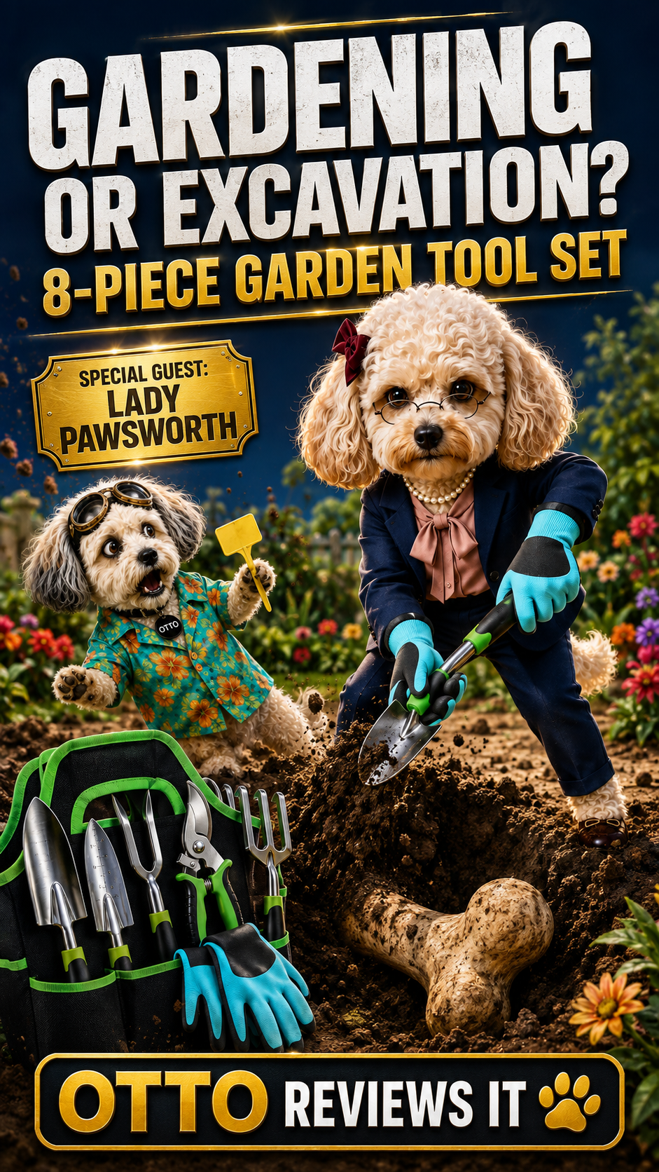 Otto Reviews It placard: Gardening or Excavation? 8-Piece Garden Tool Set with special guest Lady Pawsworth