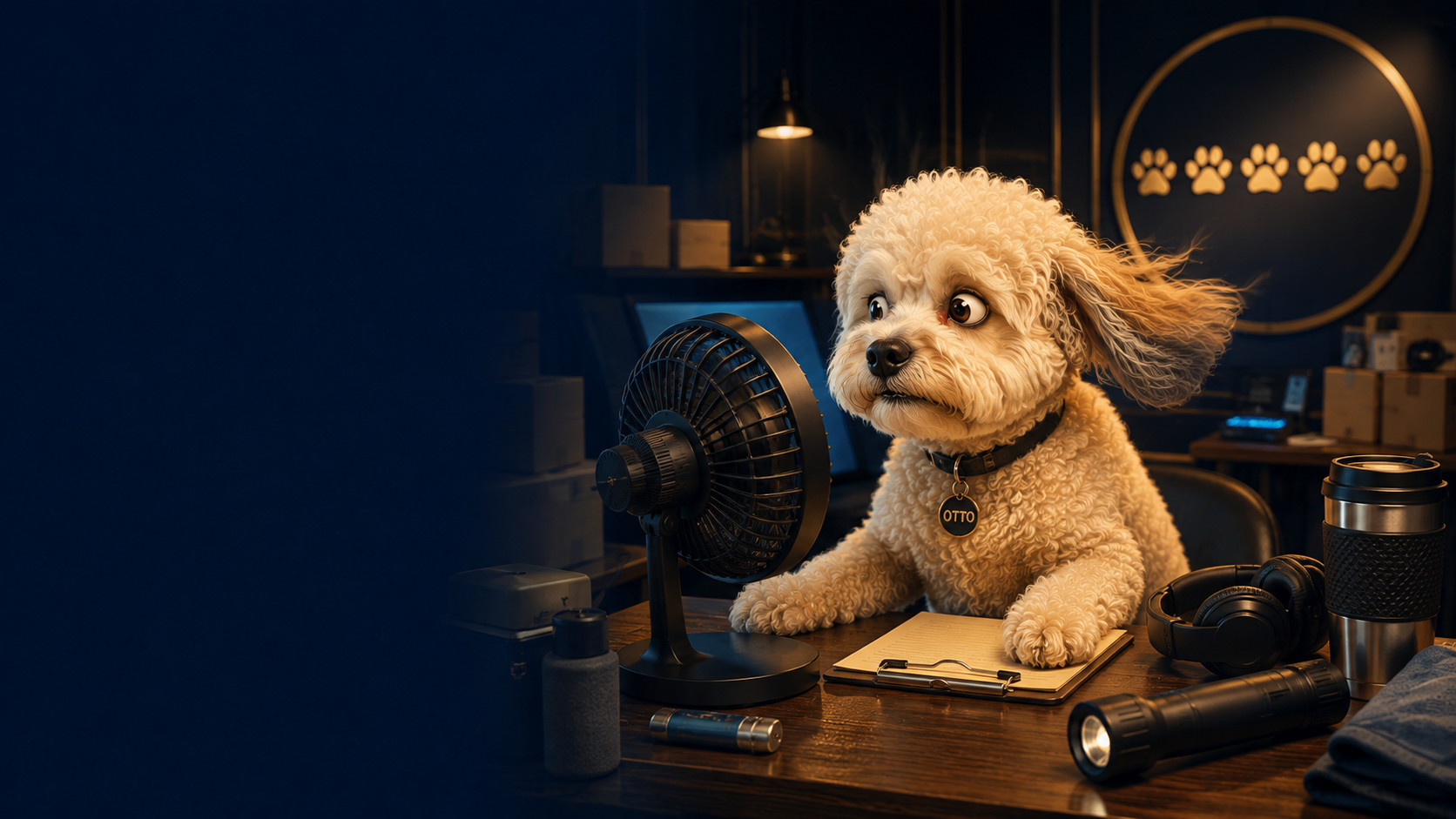Otto, a cream-colored poodle wearing an OTTO name tag, at a dark navy review desk with a desk fan, clipboard, headphones, flashlight and travel mug beneath a gold five-paw rating emblem