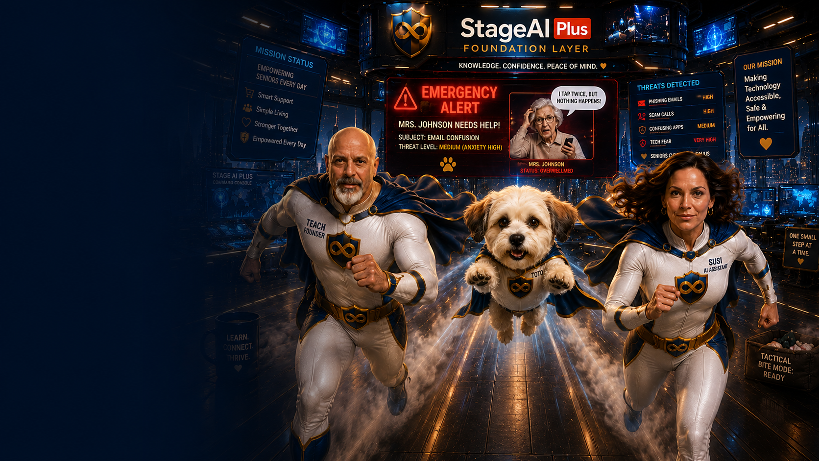 The Infinite Guardians — Christian the founder, Toto the flying rescue dog and Susi the AI assistant in caped hero suits, racing out of a glowing StageAI Plus command center