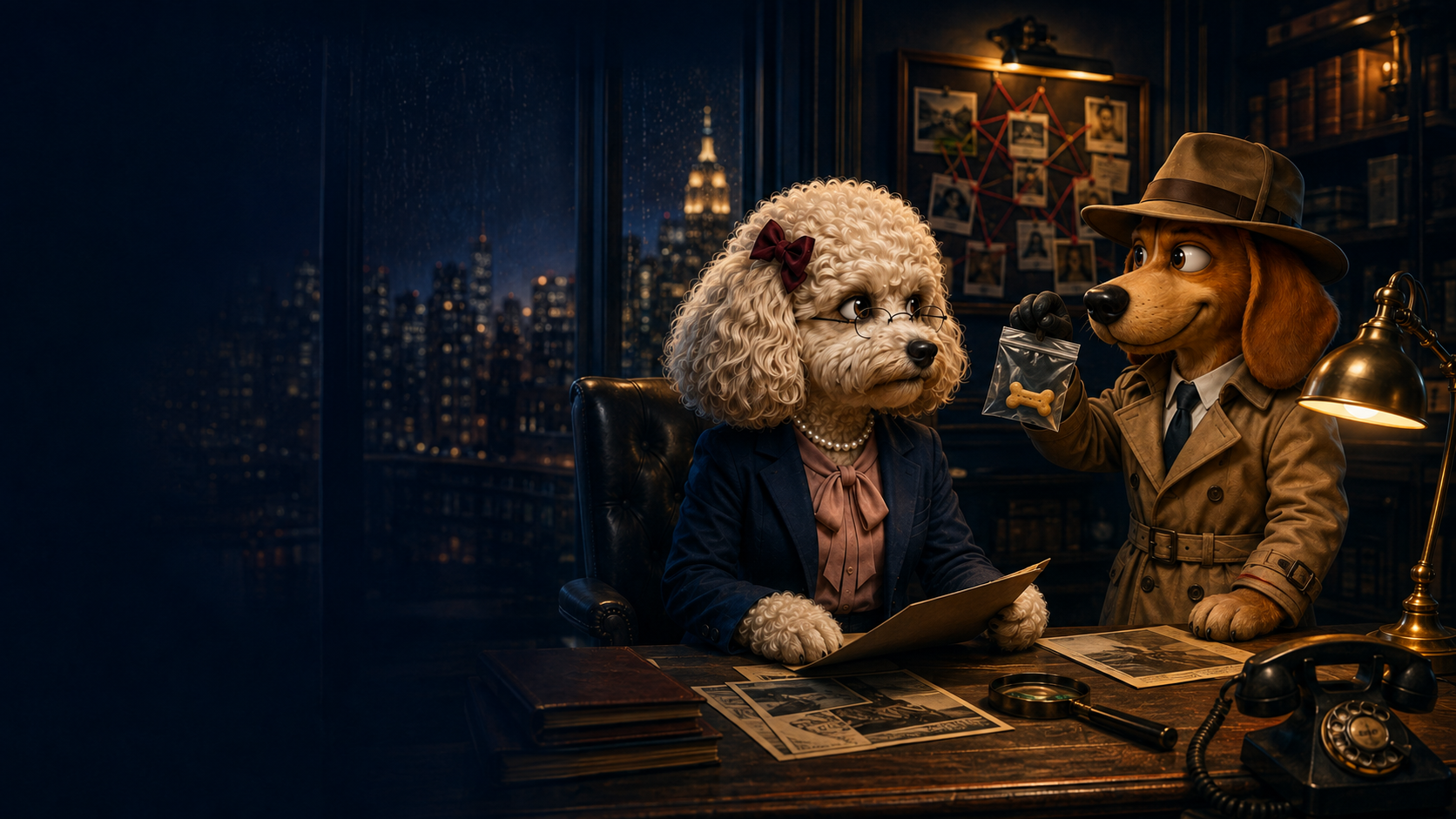 Lady Pawsworth, a poodle in a navy suit at her desk, with Frank the detective dog holding a bagged dog-biscuit as evidence in a rainy city office