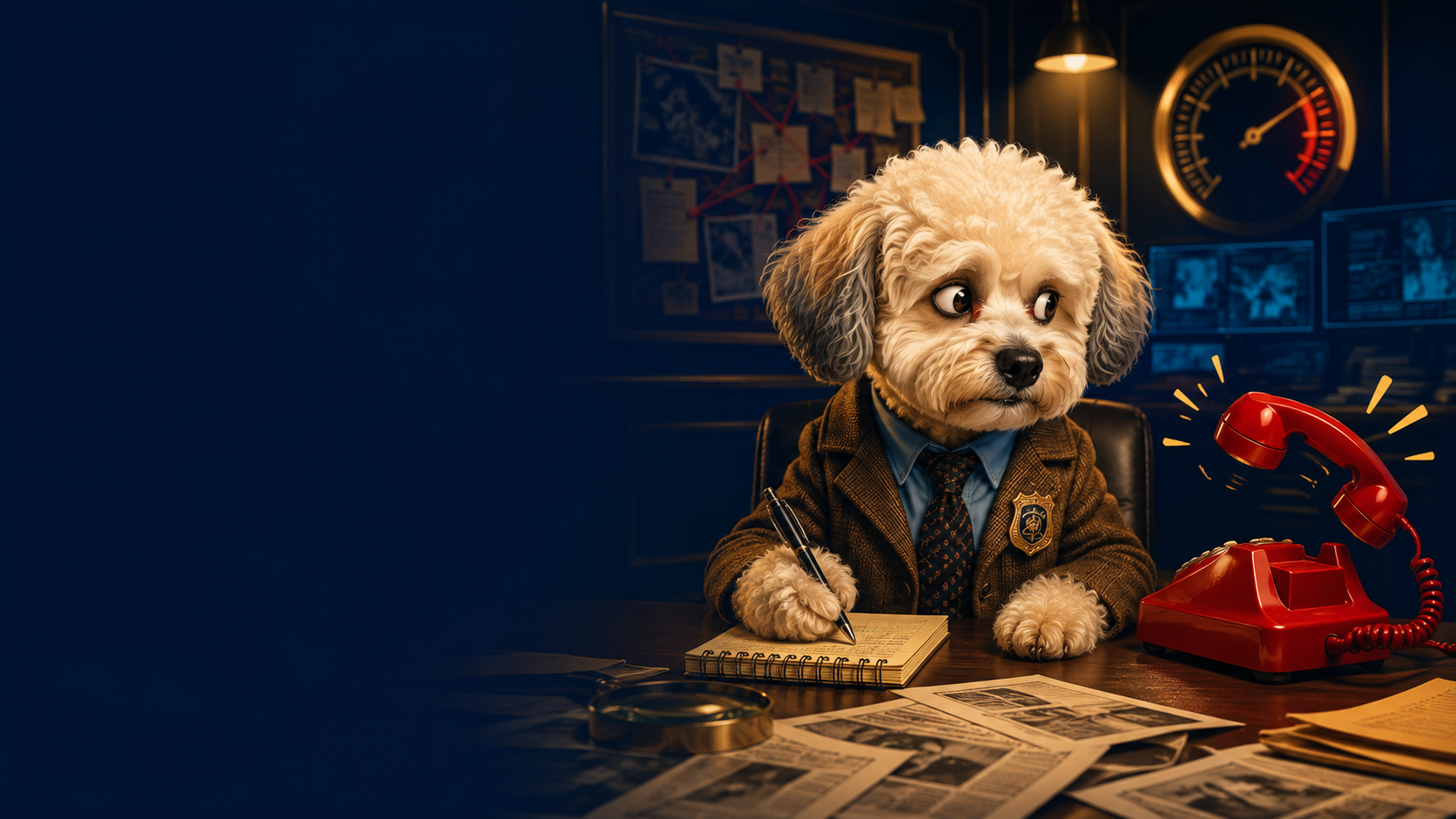 Toto at his investigative newsroom desk with a red telephone and a rage meter