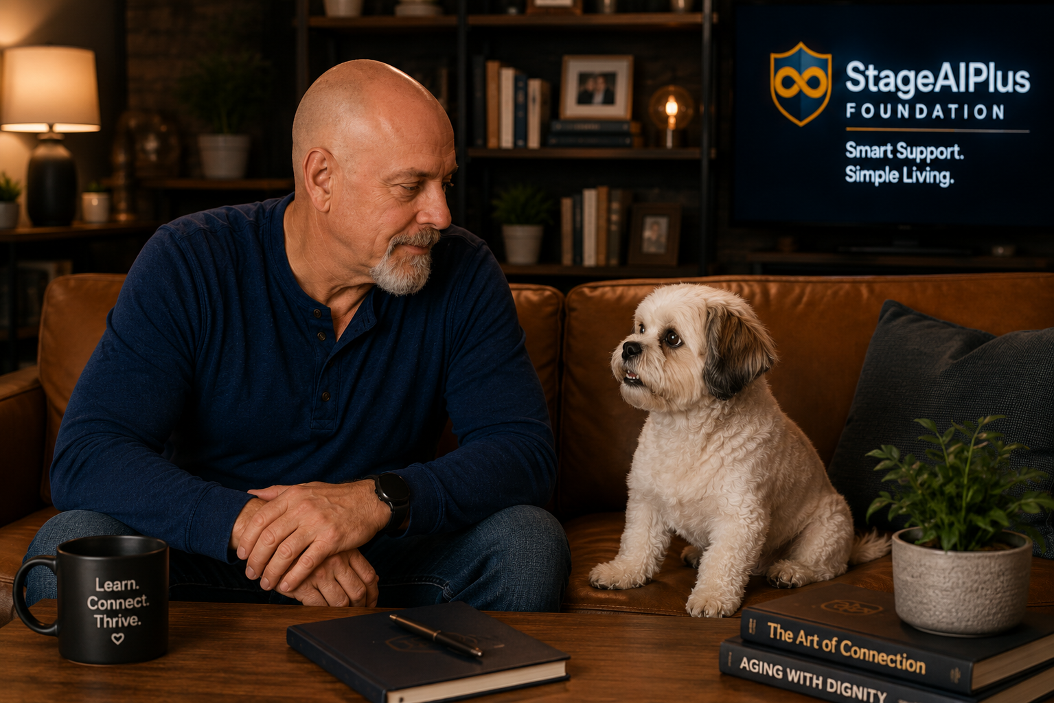 Christian and his small dog Toto, the friendly hosts of the StageAI Plus learning portal