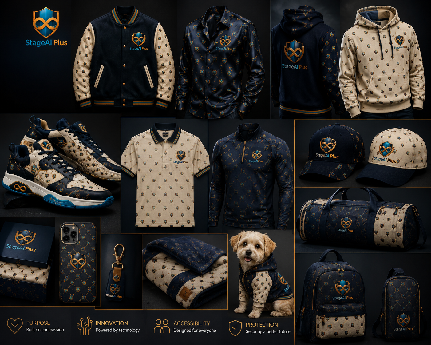 Founder Collection collage featuring StageAI Plus men's merch