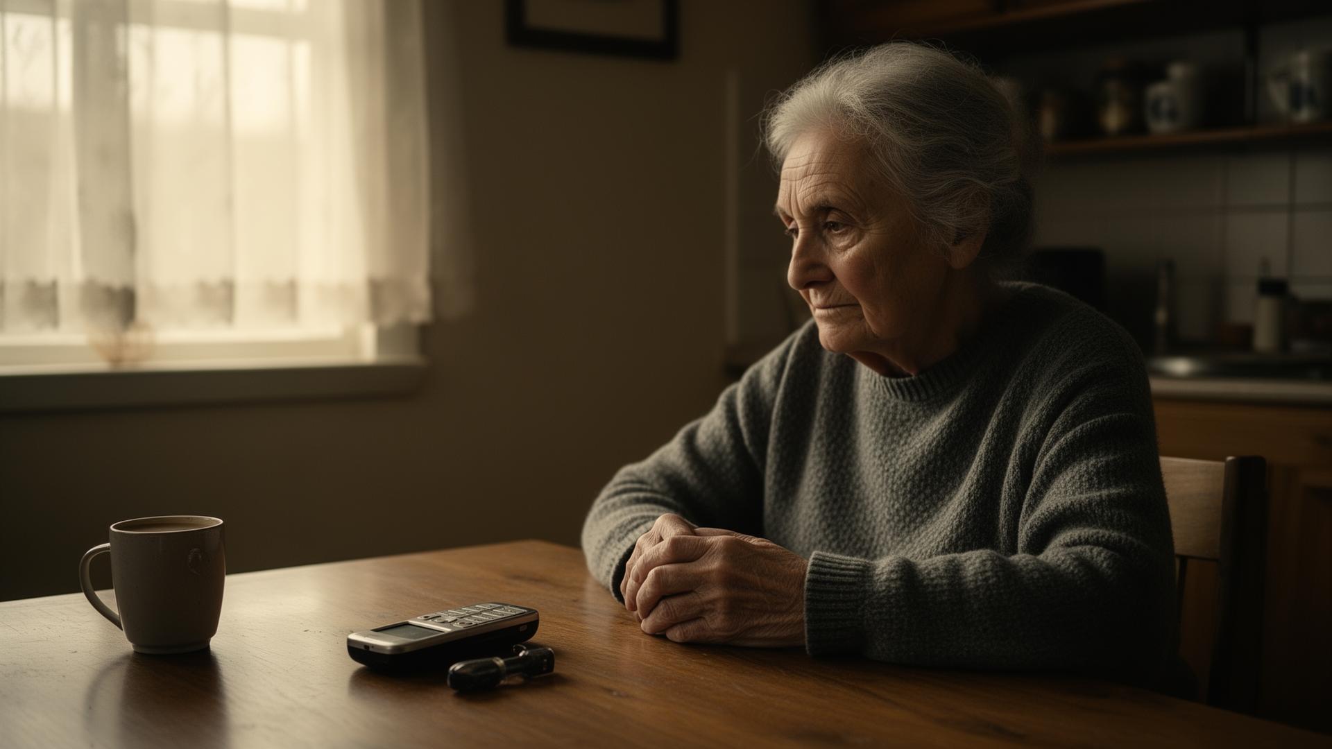 An elderly woman sits alone at a kitchen table beside a phone that hasn't rung, soft morning light through the window.