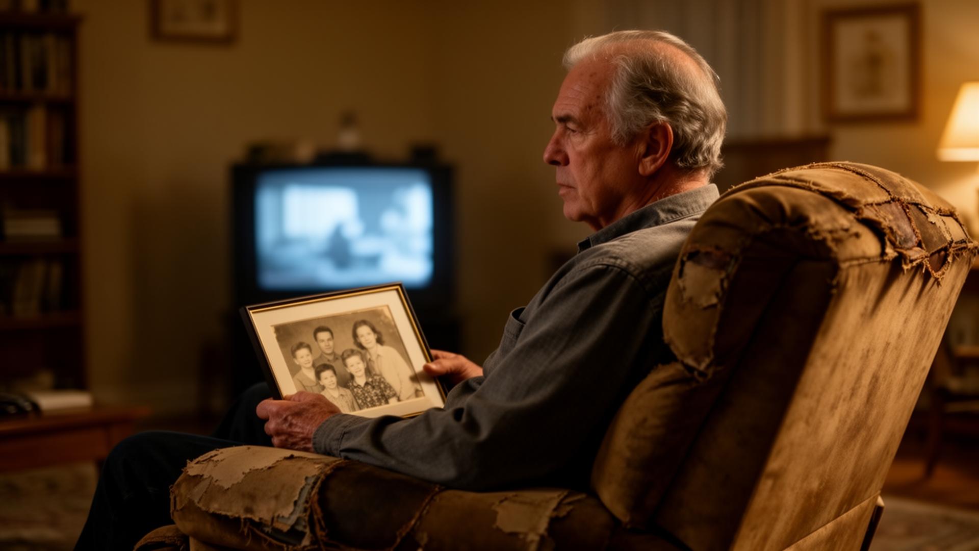 An older father sits alone in a recliner holding an old framed family photograph as a television softly glows behind him.