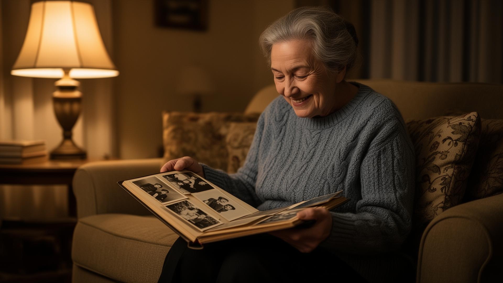 A grandmother sits alone at home turning the pages of an old photo album, smiling softly at the memories.