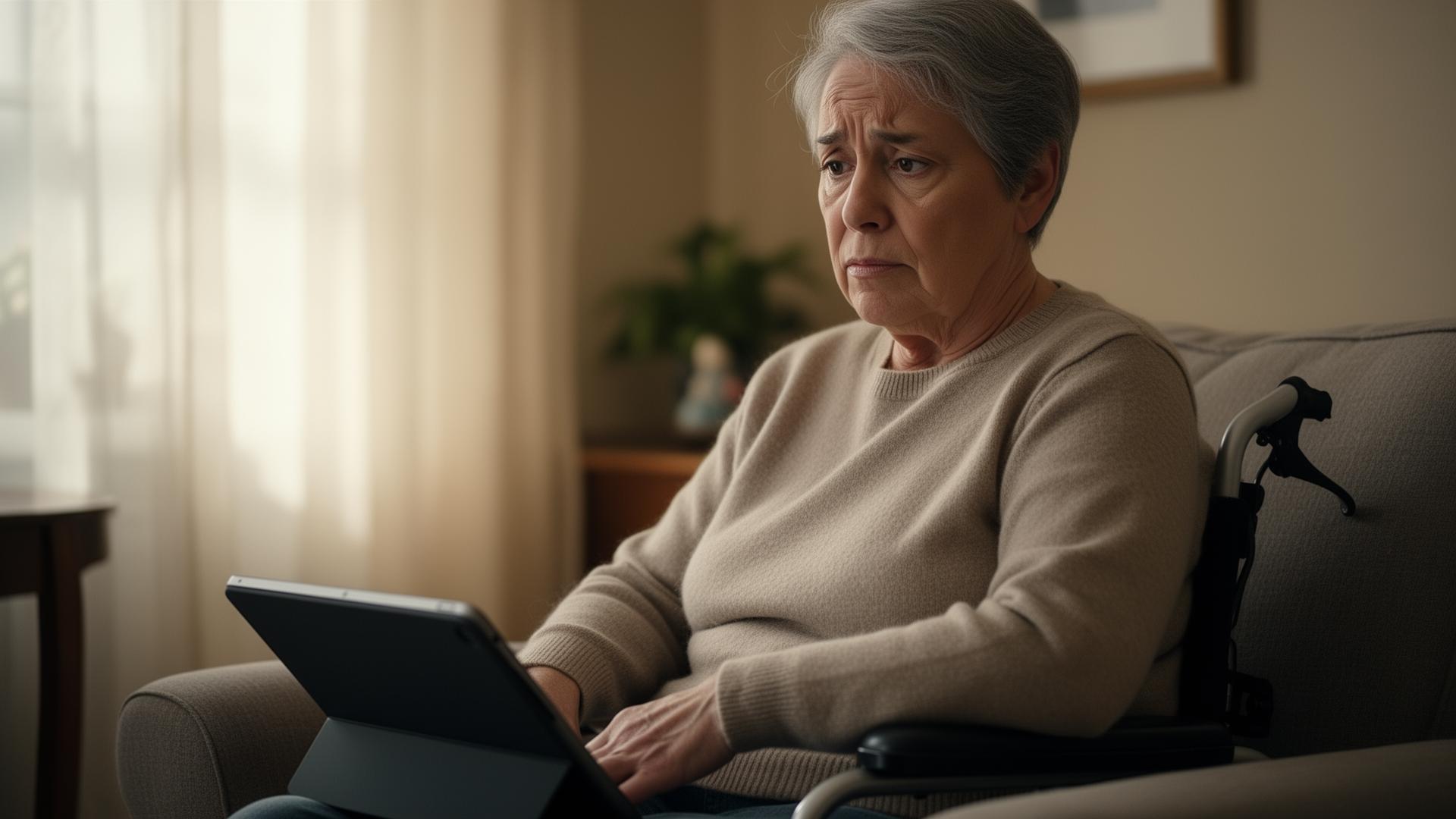 An adult with a disability sits beside a tablet, looking uncertain and hoping for help understanding it.