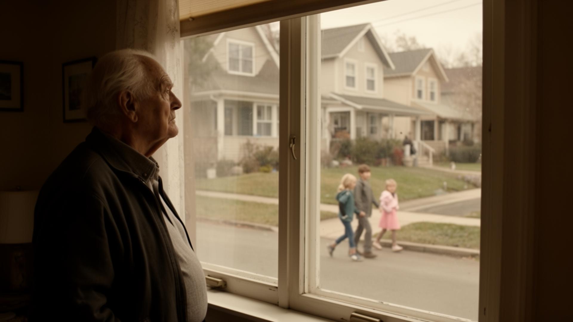 An elderly man stands near a window watching neighbors and families pass by outside.