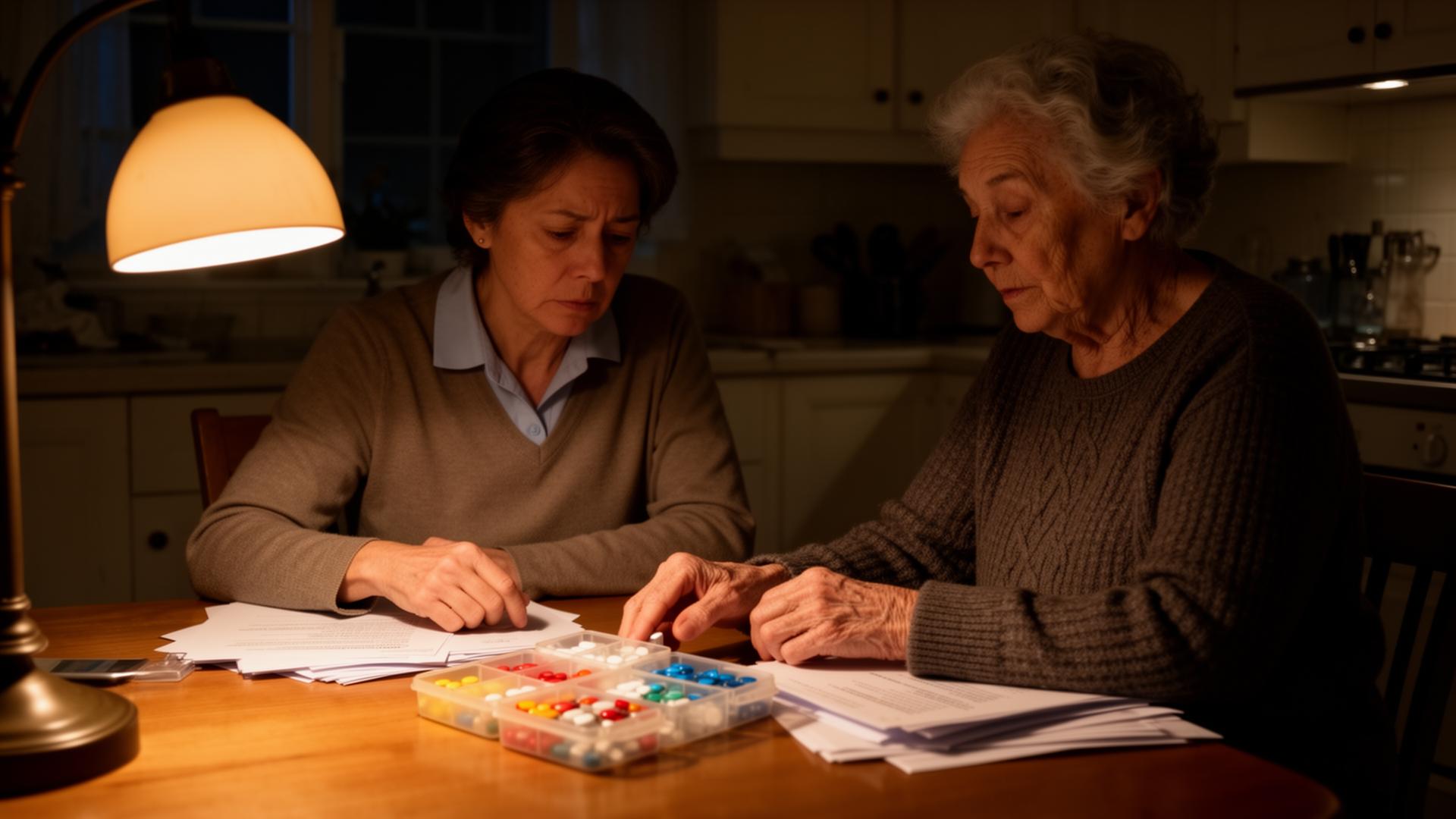 A tired adult caregiver sits late at night helping an aging parent with medication and paperwork.