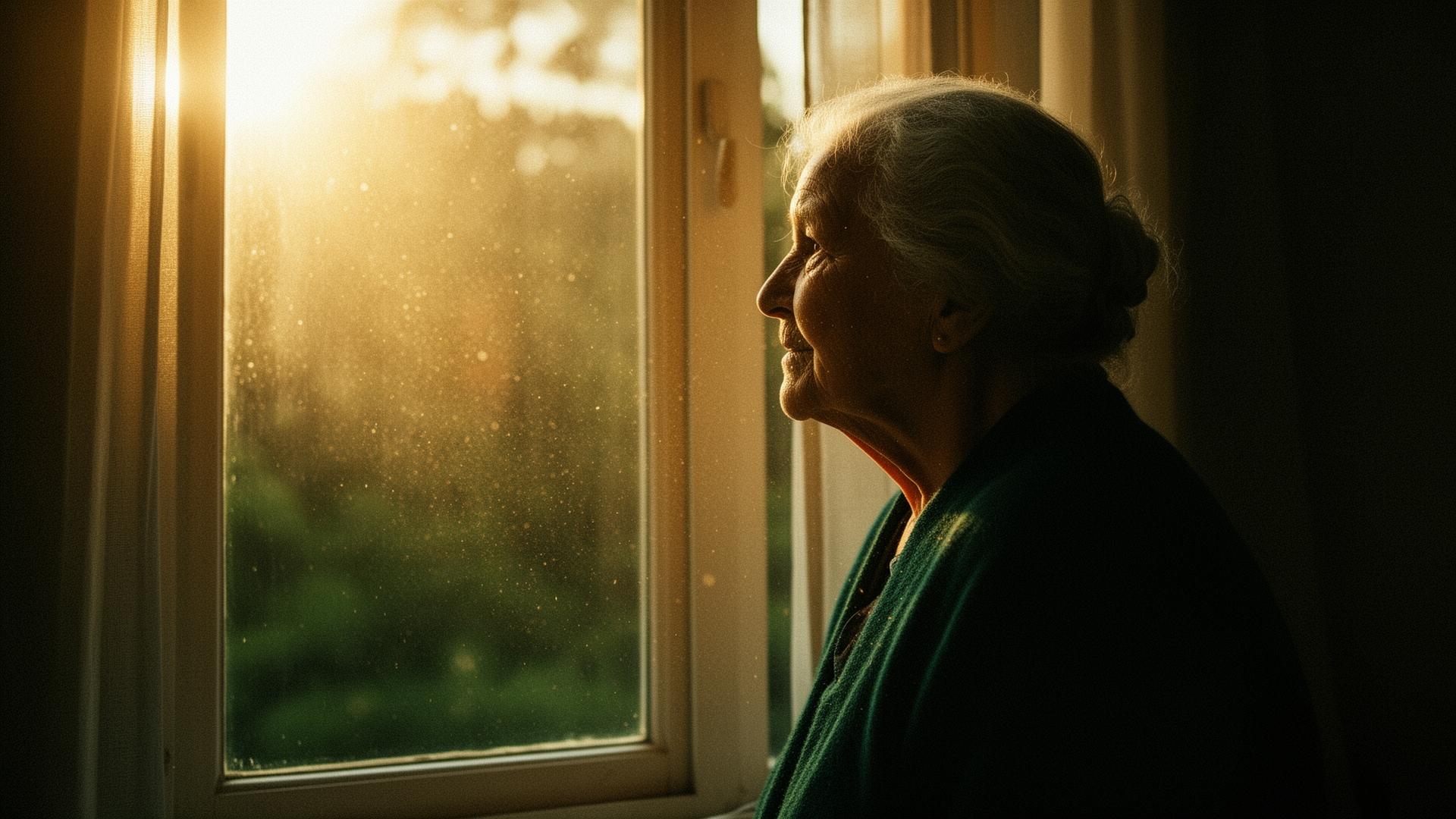 An elderly woman by a sunlit window