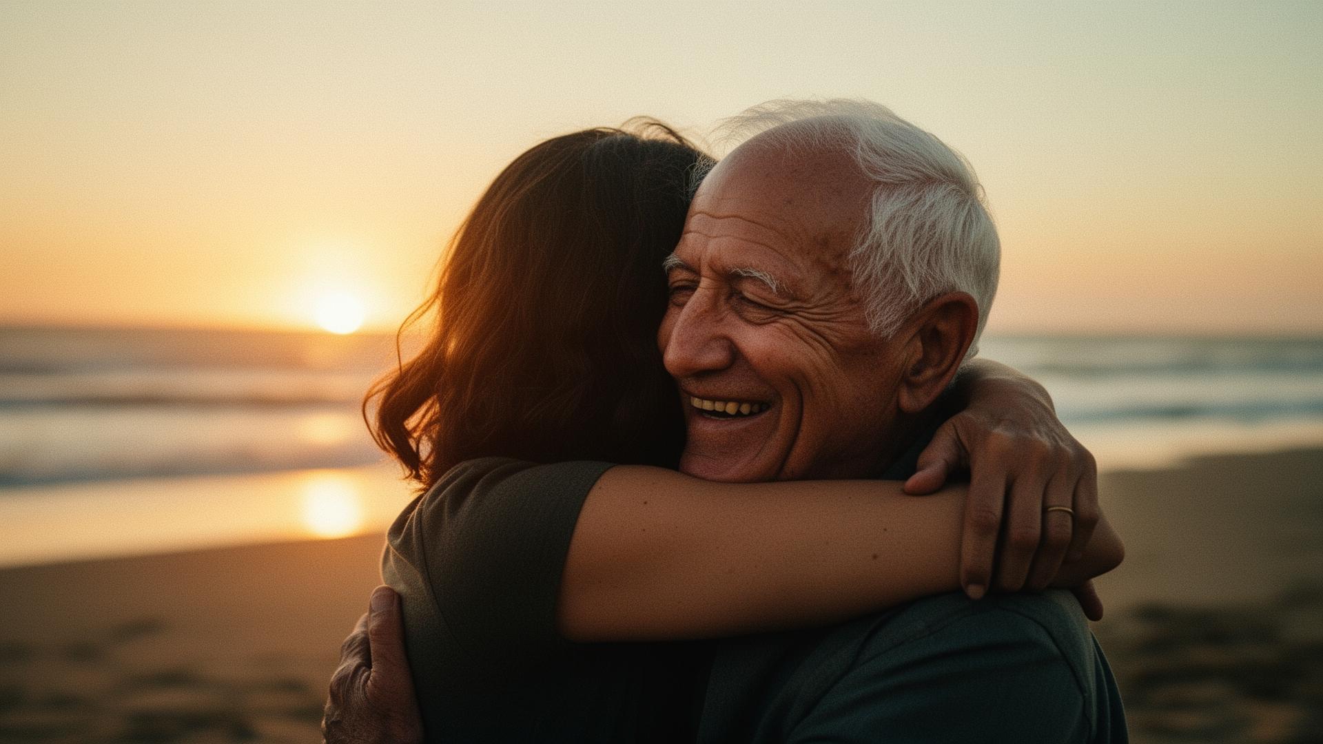 A grandfather embracing his granddaughter at sunset