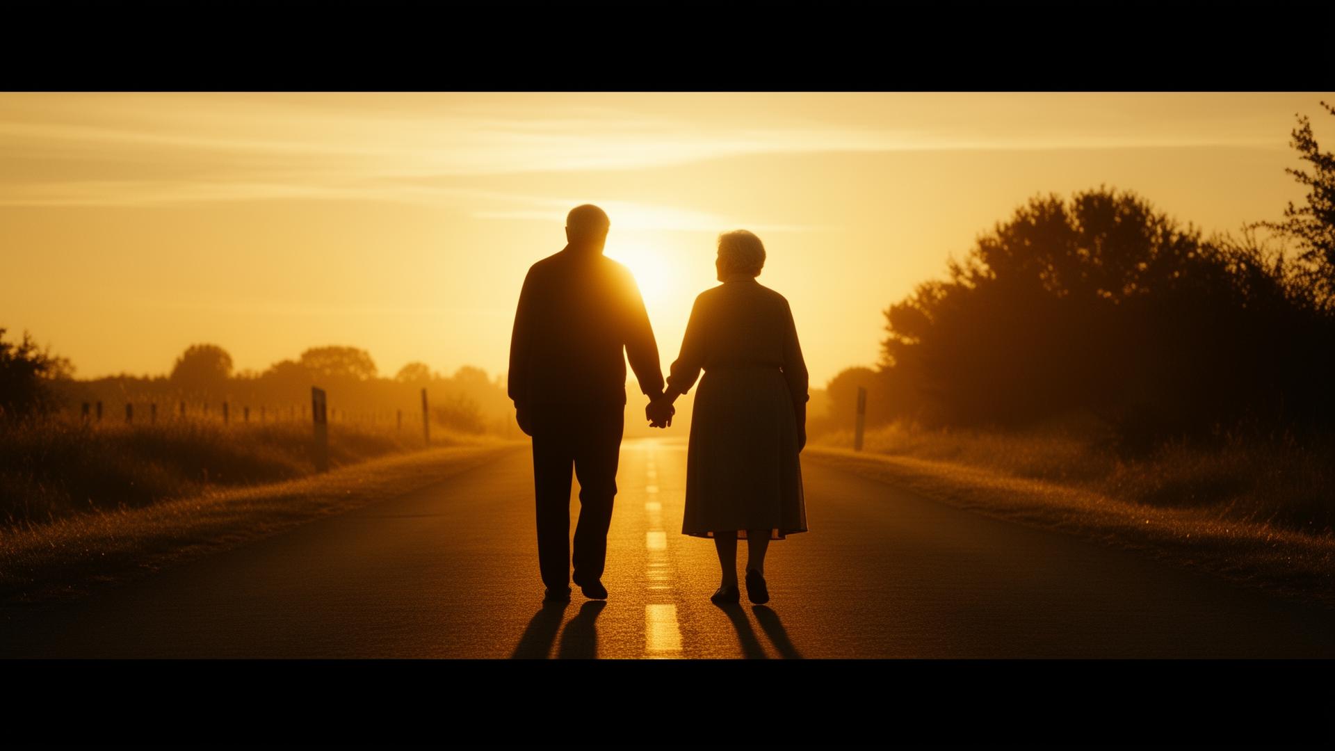 An elderly couple holding hands at sunset