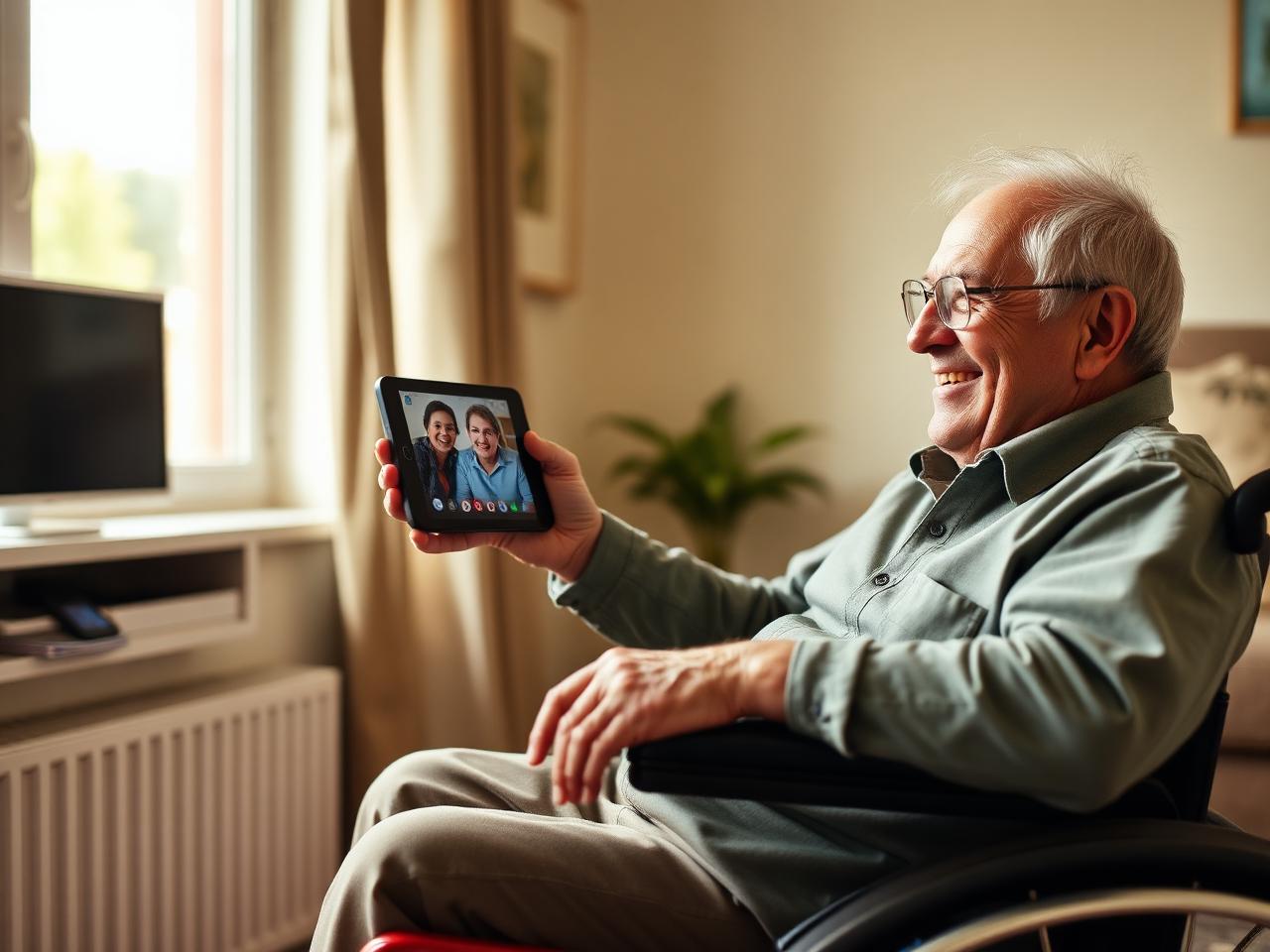 An older adult smiles warmly while video calling family on a tablet at home