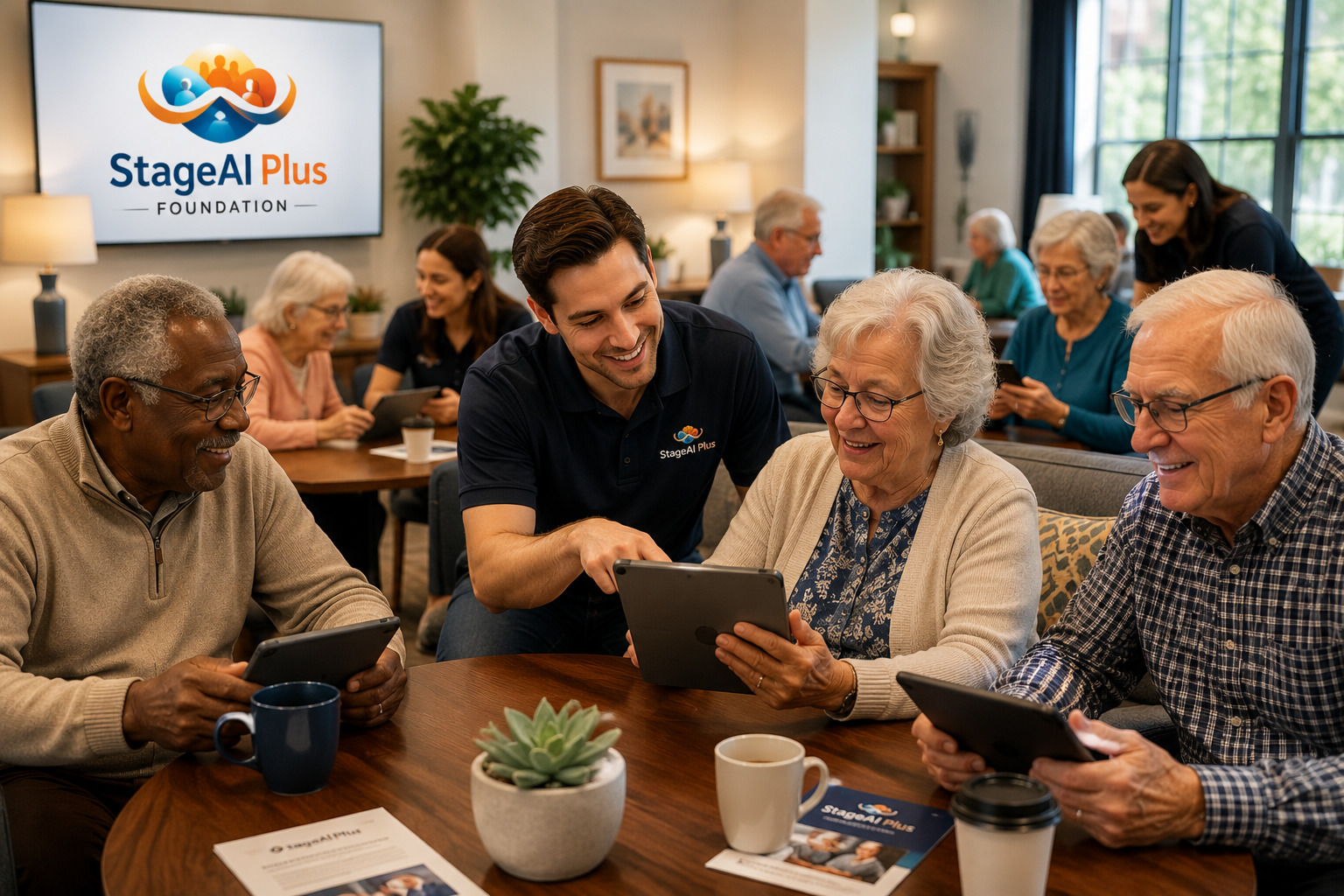 A small group of seniors and adults learning on laptops together with a smiling instructor